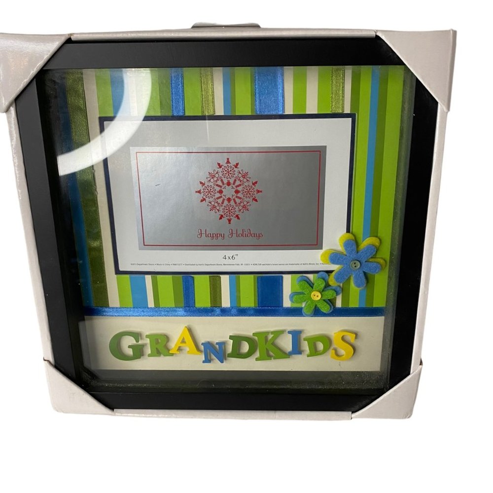 Grandkids frame shadowbox tower striped green yellow blue 3D flowers 4X6 photo